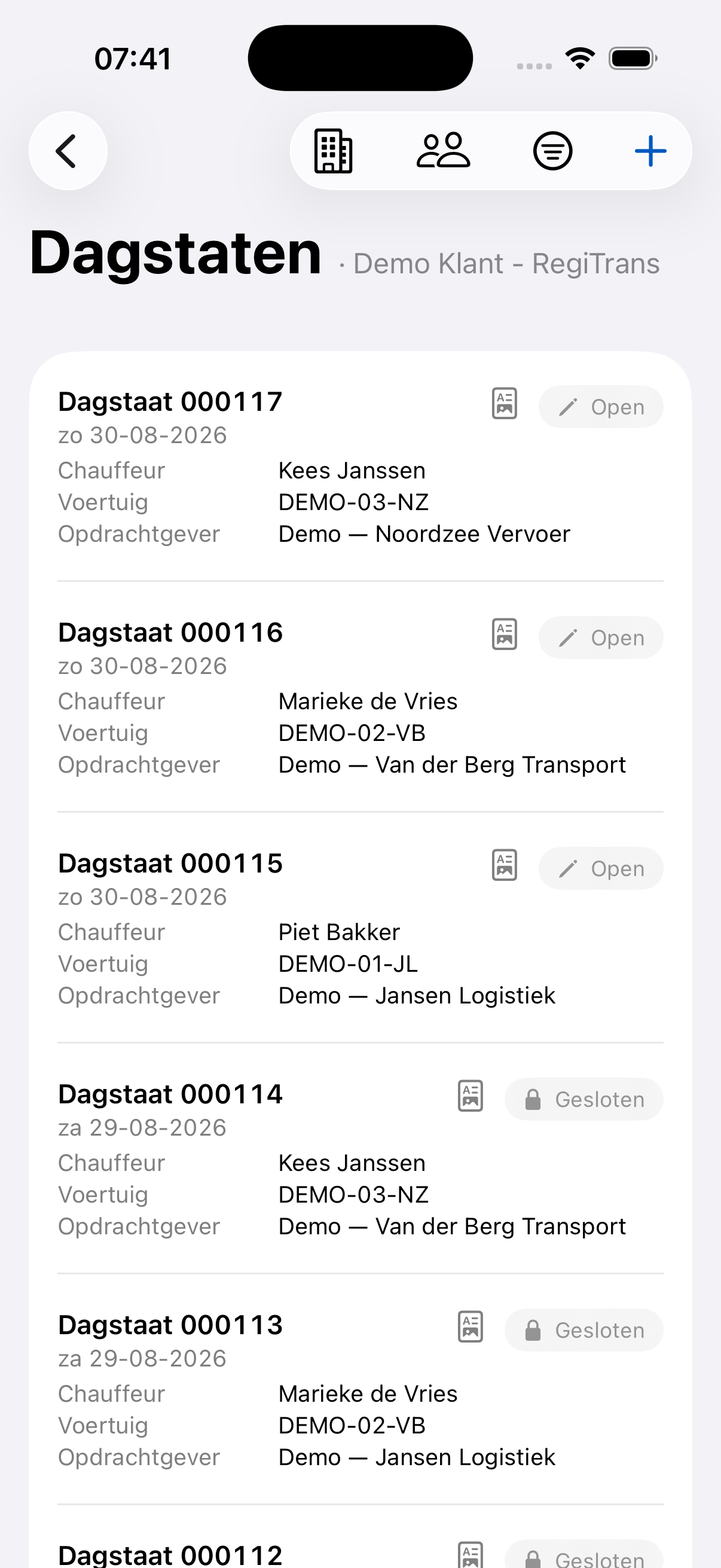 Overzicht van dagstaten in de RegiTrans-app