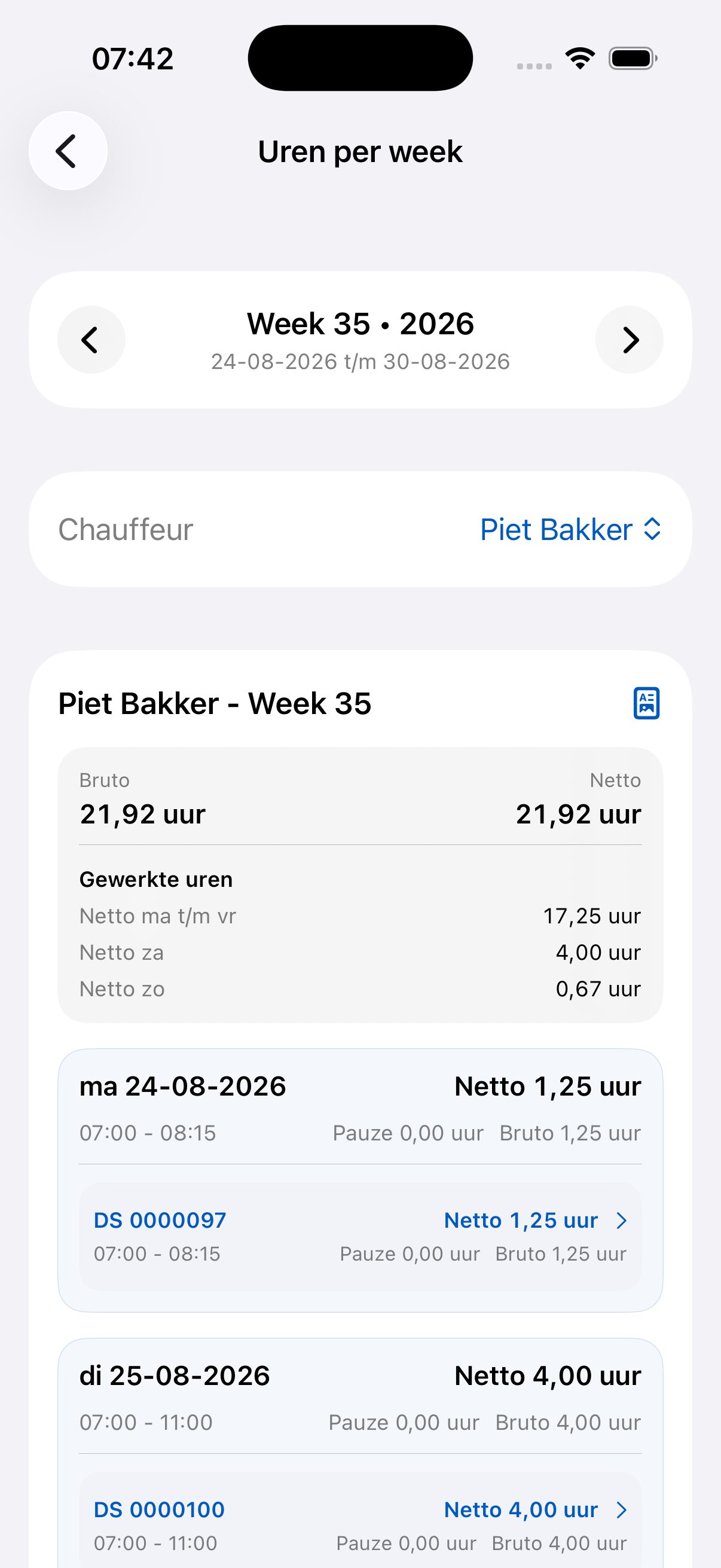 Uren per week in RegiTrans